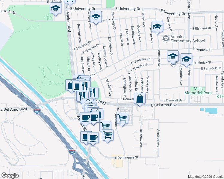 map of restaurants, bars, coffee shops, grocery stores, and more near 20208 Wadley Avenue in Carson