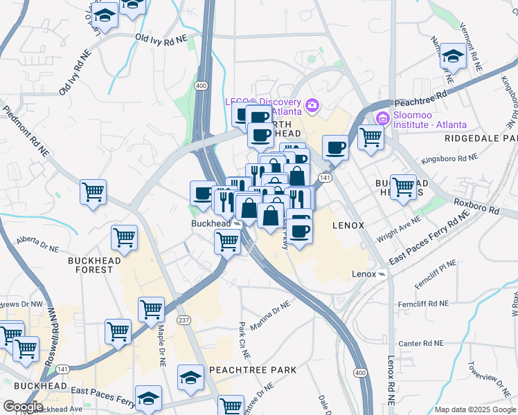 map of restaurants, bars, coffee shops, grocery stores, and more near Peachtree Rd NE & Stratford Rd NE in Atlanta