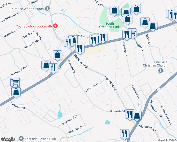 map of restaurants, bars, coffee shops, grocery stores, and more near 2241 Highpoint Road in Snellville