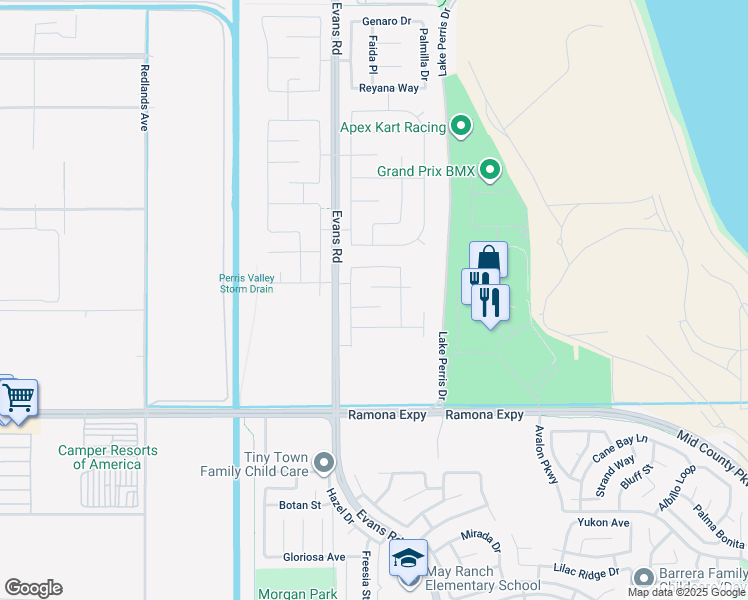 map of restaurants, bars, coffee shops, grocery stores, and more near 828 Divot Court in Perris