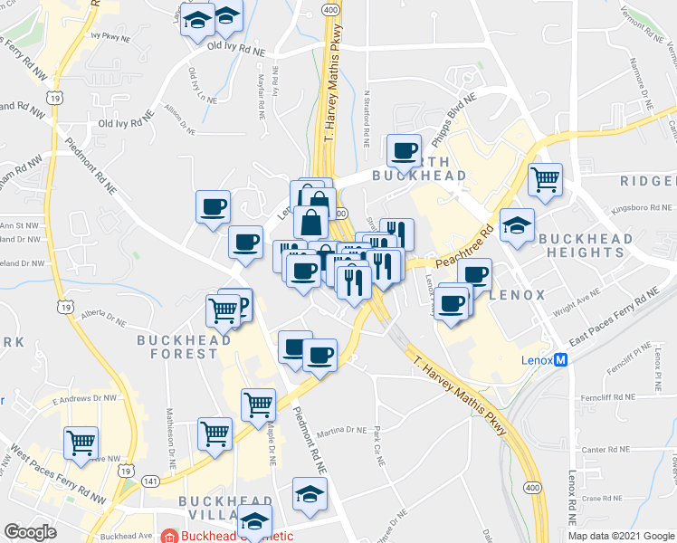 map of restaurants, bars, coffee shops, grocery stores, and more near 3354 Peachtree Road in Atlanta