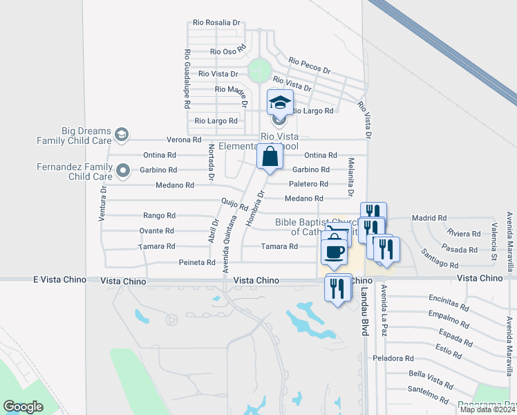 map of restaurants, bars, coffee shops, grocery stores, and more near 27400 Hombria Drive in Cathedral City