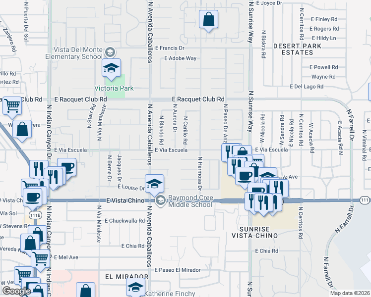 map of restaurants, bars, coffee shops, grocery stores, and more near 2158 North Carillo Road in Palm Springs