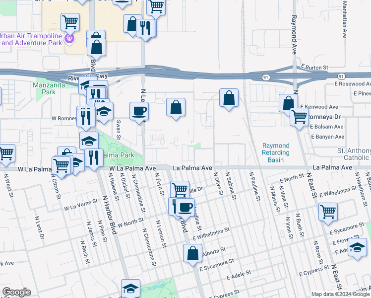 map of restaurants, bars, coffee shops, grocery stores, and more near 1057 North Kemp Street in Anaheim