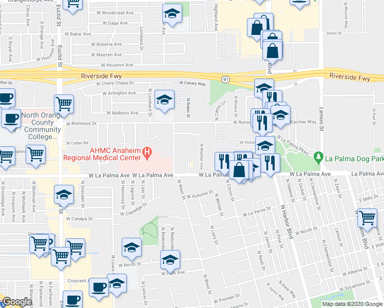 map of restaurants, bars, coffee shops, grocery stores, and more near 1149 North Mayfair Avenue in Anaheim