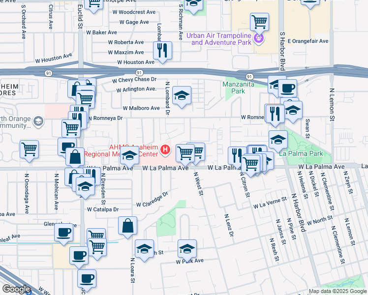 map of restaurants, bars, coffee shops, grocery stores, and more near 1145 North West Street in Anaheim