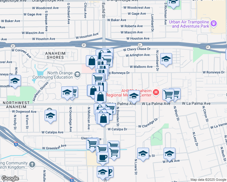map of restaurants, bars, coffee shops, grocery stores, and more near 1144 North Euclid Street in Anaheim