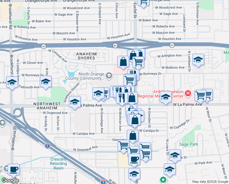 map of restaurants, bars, coffee shops, grocery stores, and more near 1801 West Neighbors Avenue in Anaheim