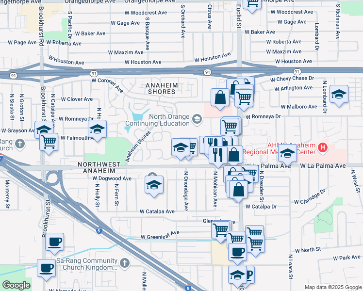 map of restaurants, bars, coffee shops, grocery stores, and more near 1835 West Neighbors Avenue in Anaheim