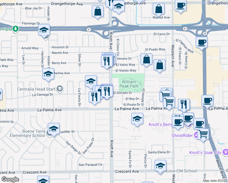 map of restaurants, bars, coffee shops, grocery stores, and more near 7830 South Knott Avenue in Buena Park
