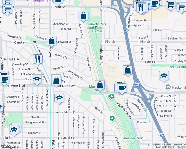 map of restaurants, bars, coffee shops, grocery stores, and more near 5018 Stevely Avenue in Lakewood