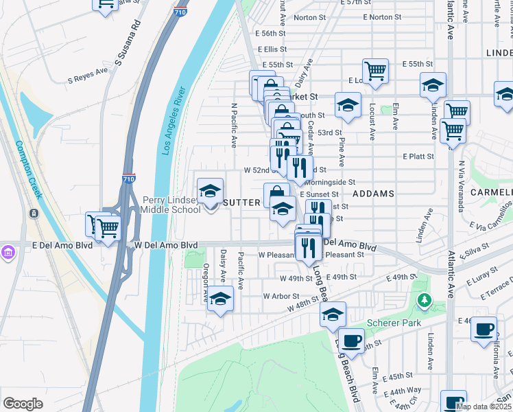 map of restaurants, bars, coffee shops, grocery stores, and more near 53 West 51st Street in Long Beach