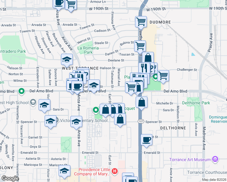 map of restaurants, bars, coffee shops, grocery stores, and more near 4640 Carmelynn Street in Torrance