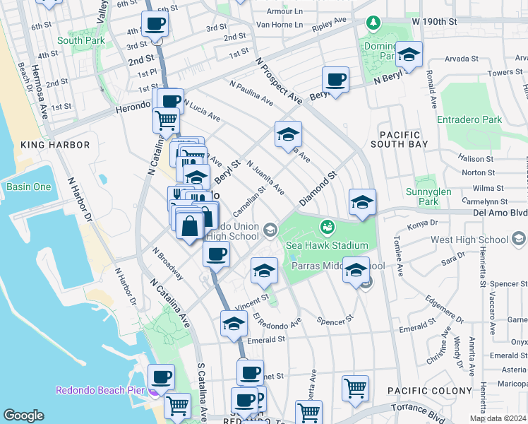 map of restaurants, bars, coffee shops, grocery stores, and more near 523 North Irena Avenue in Redondo Beach
