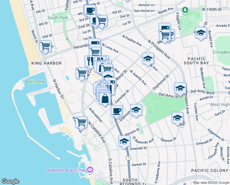 map of restaurants, bars, coffee shops, grocery stores, and more near 428 North Gertruda Avenue in Redondo Beach
