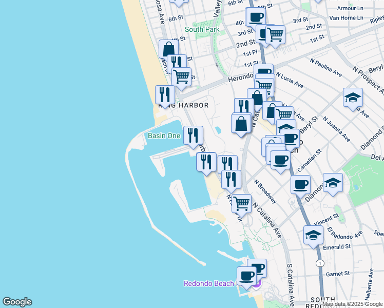 map of restaurants, bars, coffee shops, grocery stores, and more near 665 North Harbor Drive in Redondo Beach