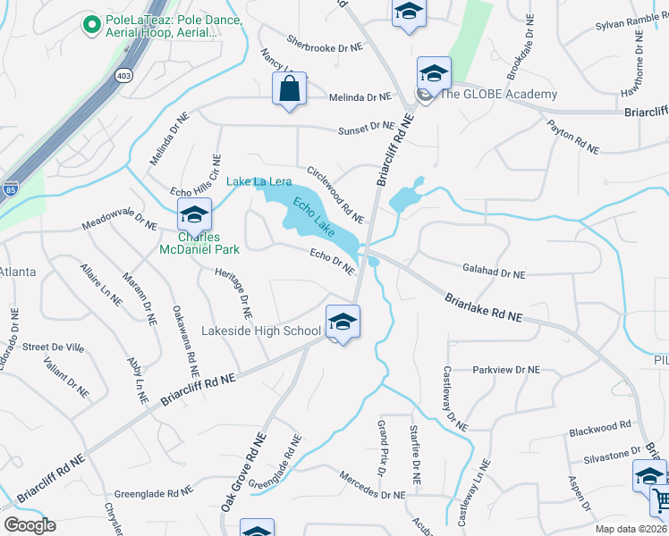 map of restaurants, bars, coffee shops, grocery stores, and more near 2540 Echo Drive Northeast in Atlanta