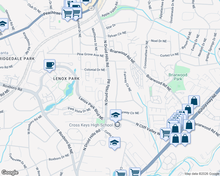 map of restaurants, bars, coffee shops, grocery stores, and more near 1484 North Druid Hills Road in Atlanta