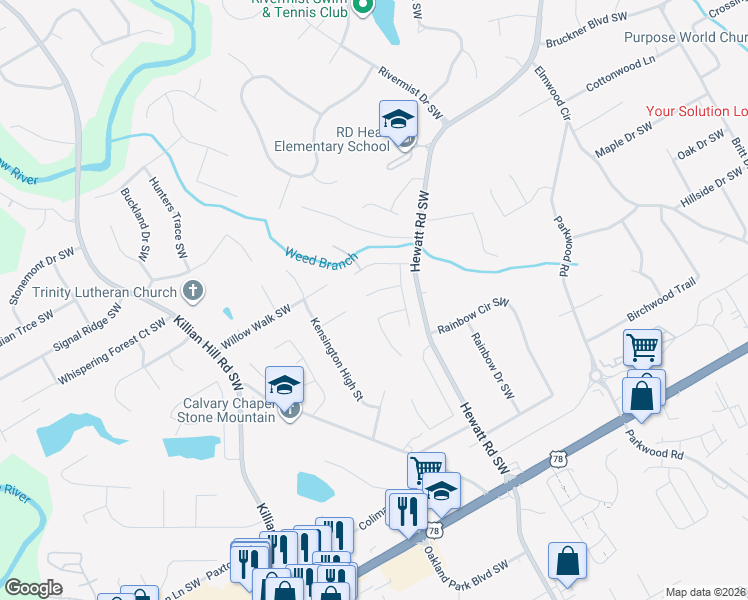 map of restaurants, bars, coffee shops, grocery stores, and more near 3759 Silo Trce in Lilburn
