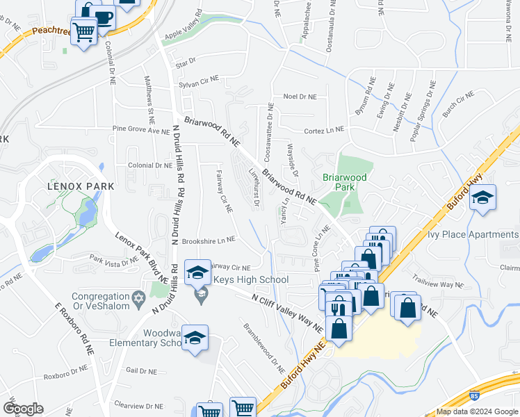 map of restaurants, bars, coffee shops, grocery stores, and more near 2251 Limehurst Drive in Atlanta