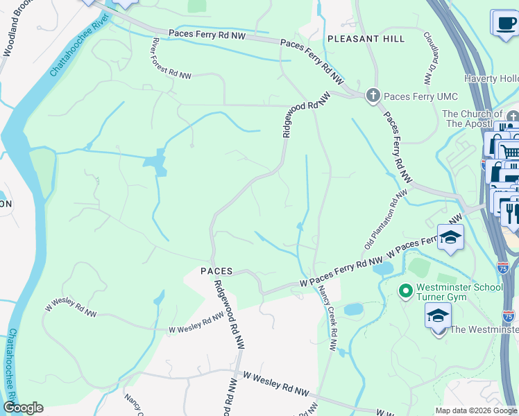 map of restaurants, bars, coffee shops, grocery stores, and more near 3459 Ridgewood Road Northwest in Atlanta