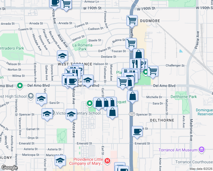 map of restaurants, bars, coffee shops, grocery stores, and more near 4640 Carmelynn Street in Torrance