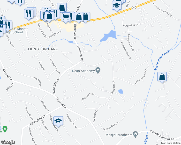 map of restaurants, bars, coffee shops, grocery stores, and more near 1980 Wendover Drive in Snellville