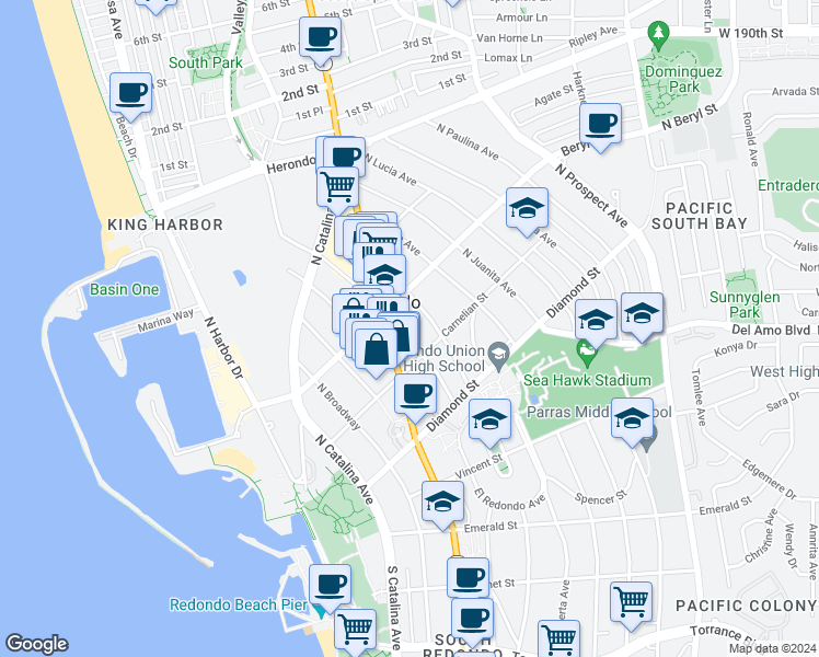 map of restaurants, bars, coffee shops, grocery stores, and more near in Redondo Beach