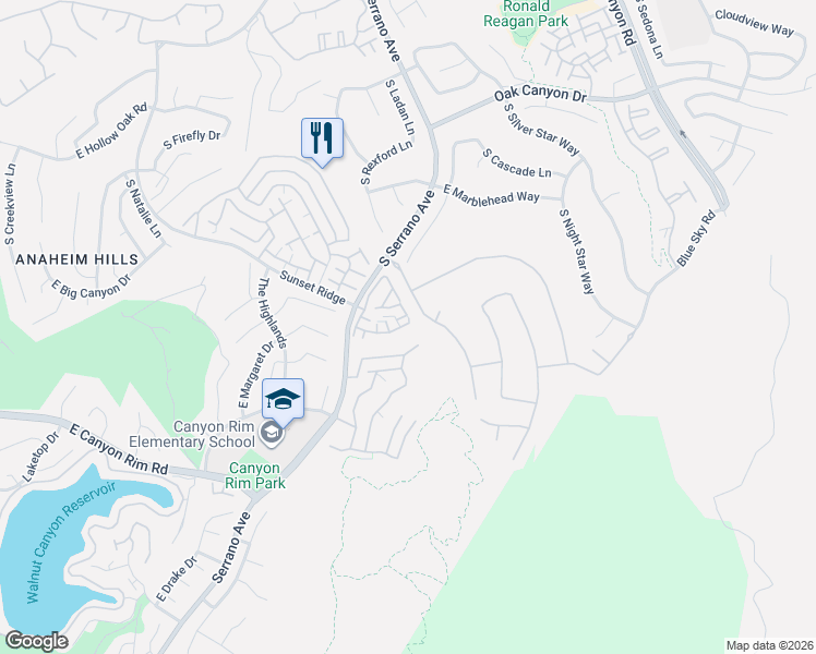 map of restaurants, bars, coffee shops, grocery stores, and more near 8142 East Naples Lane in Anaheim