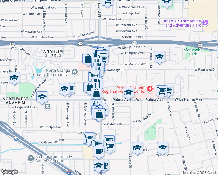 map of restaurants, bars, coffee shops, grocery stores, and more near 1144 North Euclid Street in Anaheim