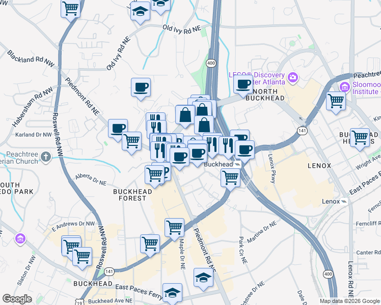 map of restaurants, bars, coffee shops, grocery stores, and more near 3338 Peachtree Road Northeast in Atlanta