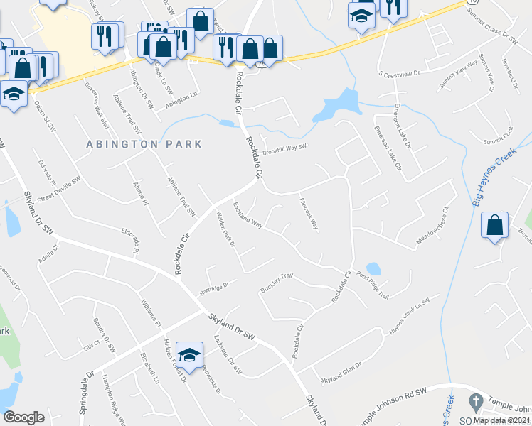 map of restaurants, bars, coffee shops, grocery stores, and more near 2031 Wendover Drive in Snellville