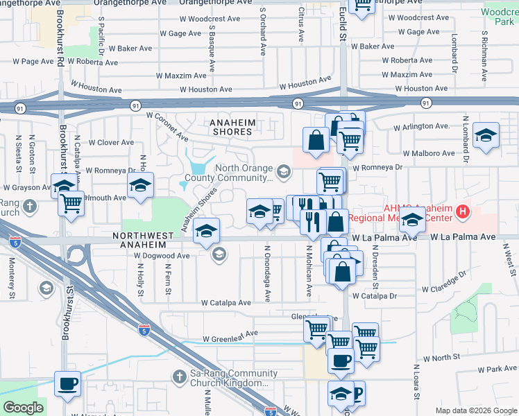 map of restaurants, bars, coffee shops, grocery stores, and more near 1145 North Onondaga Avenue in Anaheim
