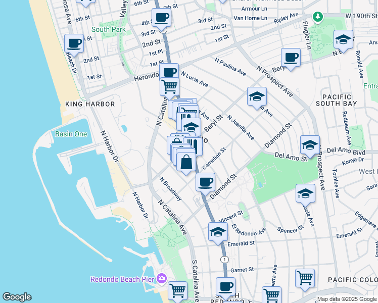 map of restaurants, bars, coffee shops, grocery stores, and more near in Redondo Beach