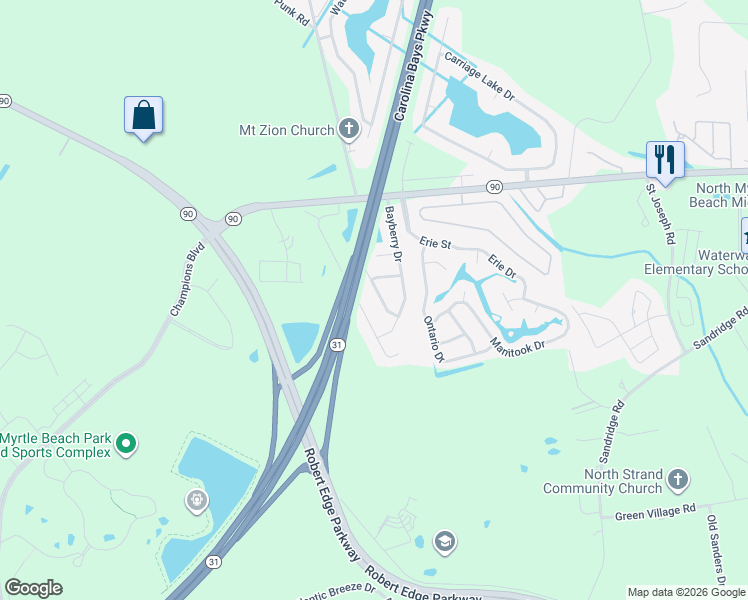 map of restaurants, bars, coffee shops, grocery stores, and more near 4375 Bayberry Drive in Little River