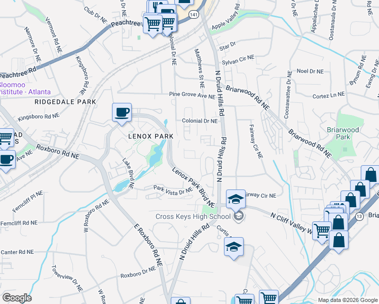 map of restaurants, bars, coffee shops, grocery stores, and more near 5202 Reserve Drive Northeast in Atlanta