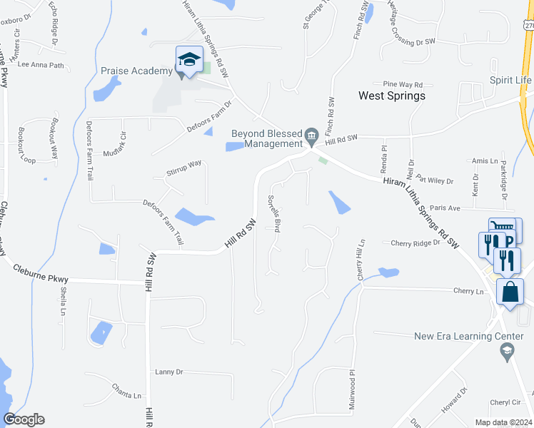map of restaurants, bars, coffee shops, grocery stores, and more near 4244 Sorrells Boulevard in Powder Springs