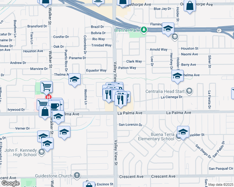 map of restaurants, bars, coffee shops, grocery stores, and more near 7799 Valley View Street in La Palma