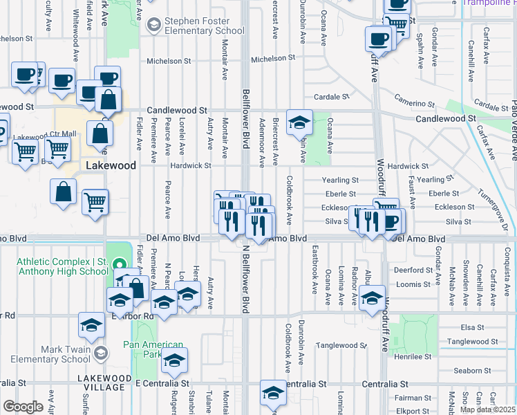 map of restaurants, bars, coffee shops, grocery stores, and more near 4956 Bellflower Boulevard in Lakewood