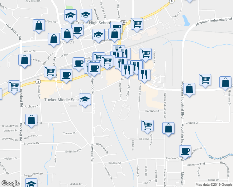 map of restaurants, bars, coffee shops, grocery stores, and more near 2218 Hanfred Lane in Tucker