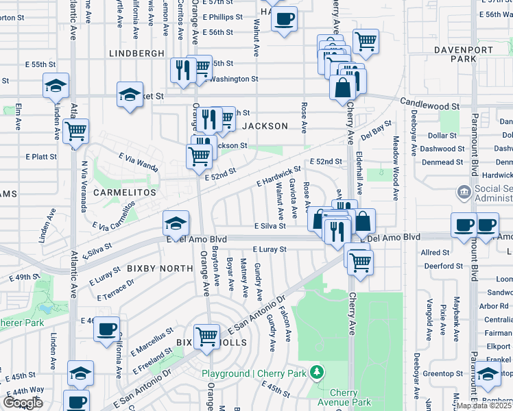 map of restaurants, bars, coffee shops, grocery stores, and more near 5032 Gundry Avenue in Long Beach