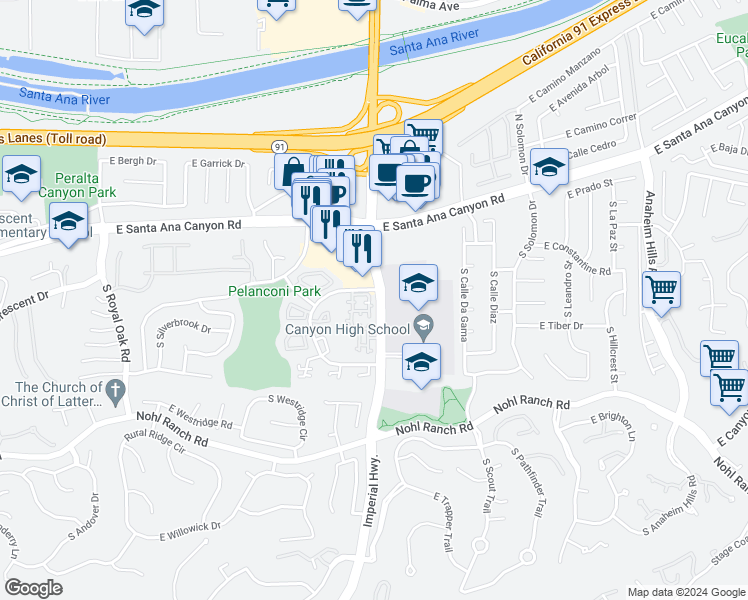 map of restaurants, bars, coffee shops, grocery stores, and more near 5650 East Avenida Bernardo in Anaheim