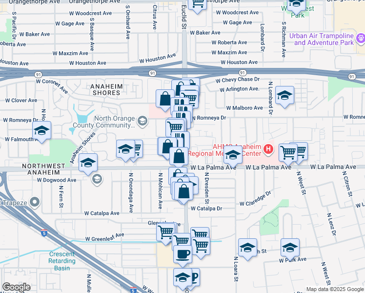 map of restaurants, bars, coffee shops, grocery stores, and more near 1135 North Euclid Street in Anaheim