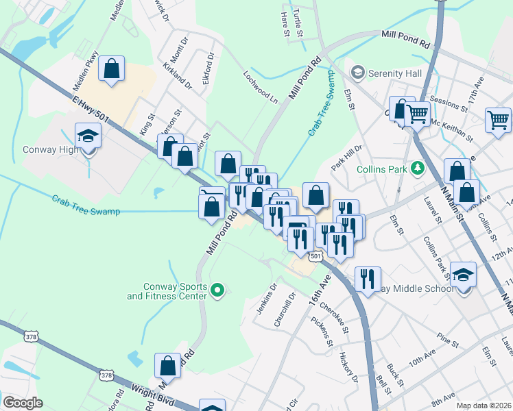 map of restaurants, bars, coffee shops, grocery stores, and more near 1700 Church Street in Conway