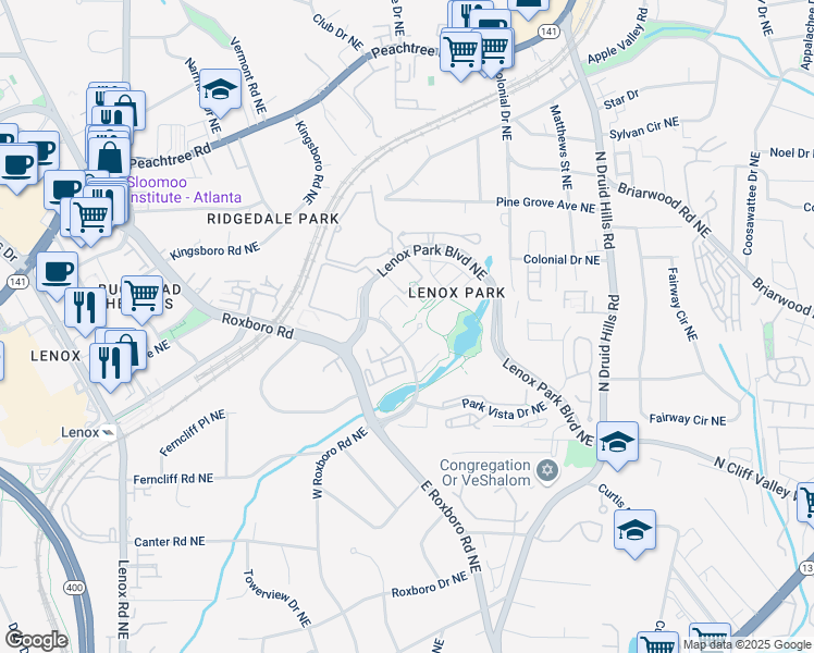 map of restaurants, bars, coffee shops, grocery stores, and more near 2200 Lake Boulevard Northeast in Atlanta