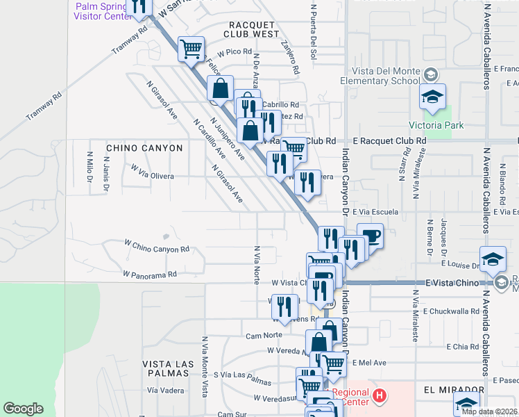 map of restaurants, bars, coffee shops, grocery stores, and more near 400 West Vía Escuela in Palm Springs