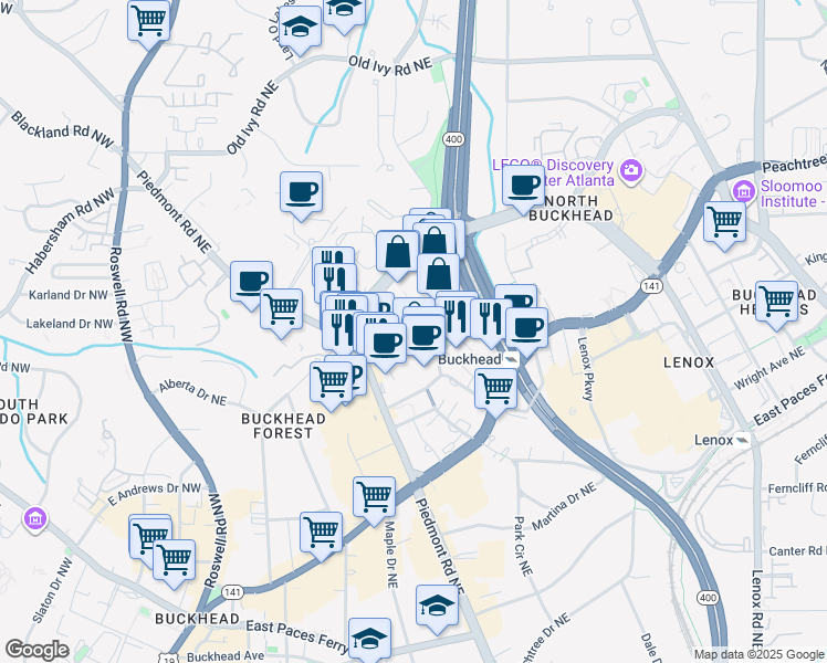 map of restaurants, bars, coffee shops, grocery stores, and more near 3336 Peachtree Road Northeast in Atlanta