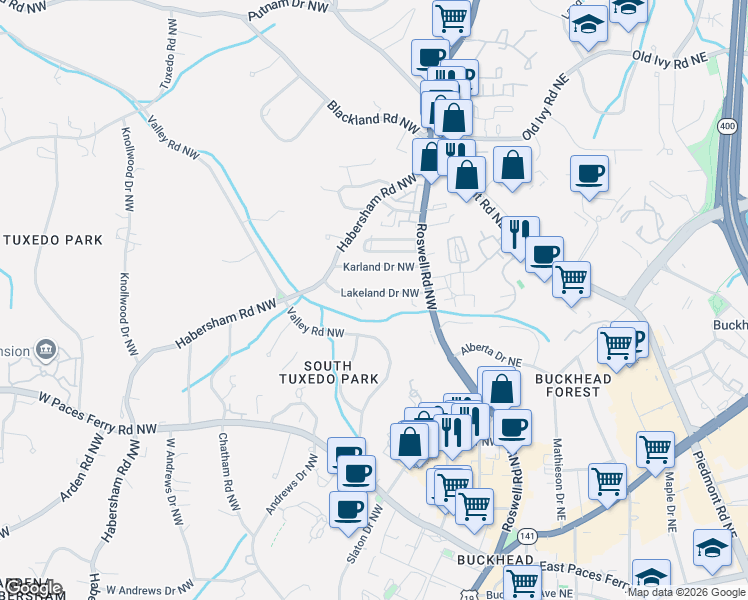 map of restaurants, bars, coffee shops, grocery stores, and more near 91 Lakeland Drive Northwest in Atlanta
