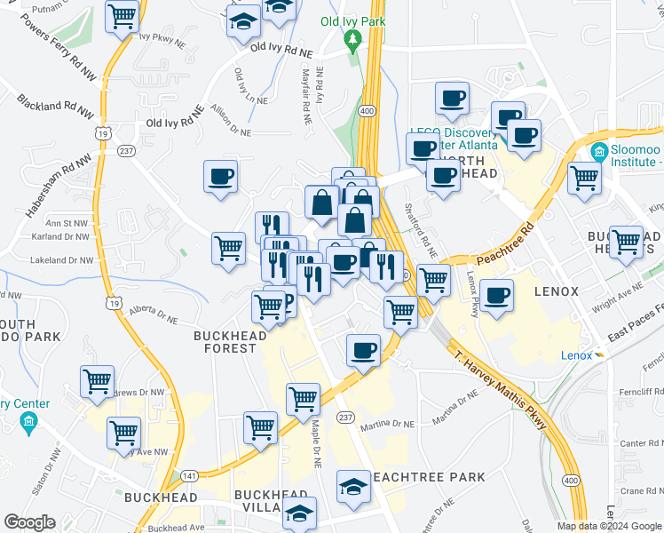 map of restaurants, bars, coffee shops, grocery stores, and more near 3336 Peachtree Road Northeast in Atlanta