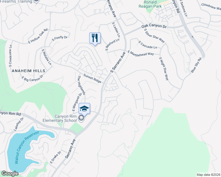 map of restaurants, bars, coffee shops, grocery stores, and more near 1070 South Volterra Way in Anaheim